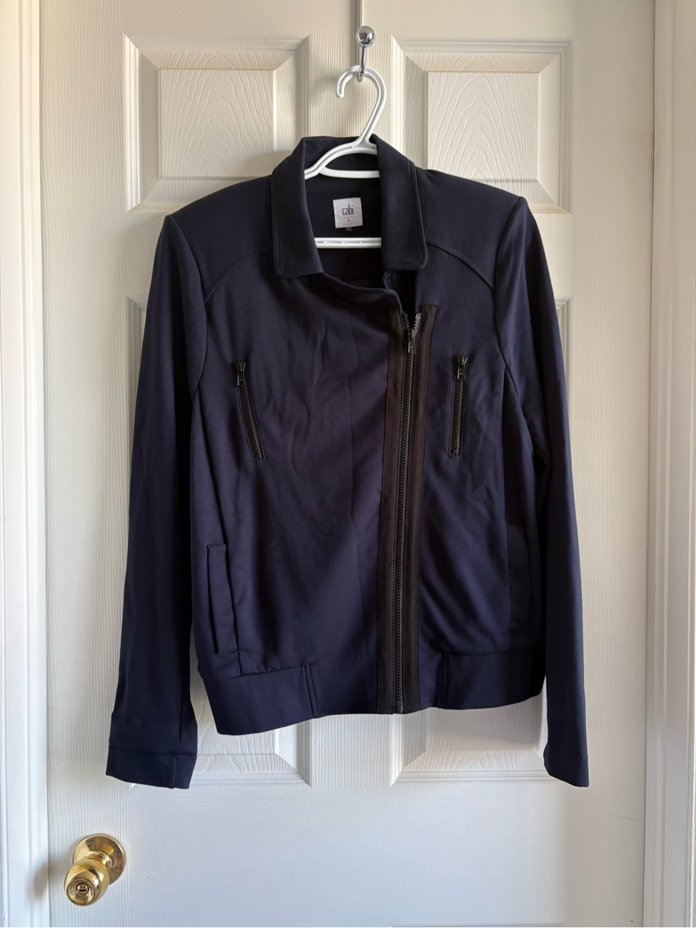 CAbi Navy Asymmetrical Zip Bomber Jacket